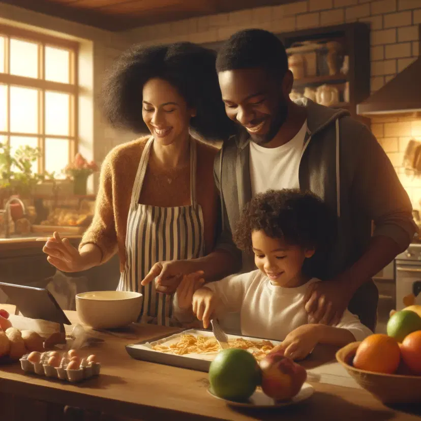 A cozy evening cooking session with a family. Children are helping their parents in the kitchen, preparing a meal with guidance from ChatGPT displayed on a nearby device. The scene emphasizes family bonding and the joy of cooking together.