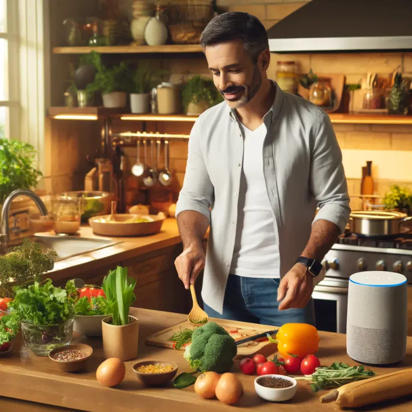 A person cooking in a kitchen, speaking to a smart speaker that displays ChatGPT interface, asking for a substitution in a recipe. The kitchen is lively, with ingredients spread out on the counter, highlighting an interactive cooking session.